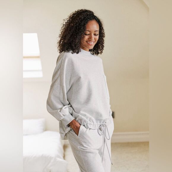 Nap High Neck Drawstring Hem Cotton Sweatshirt in Cloud/Heather Grey size Small - Picture 1 of 13